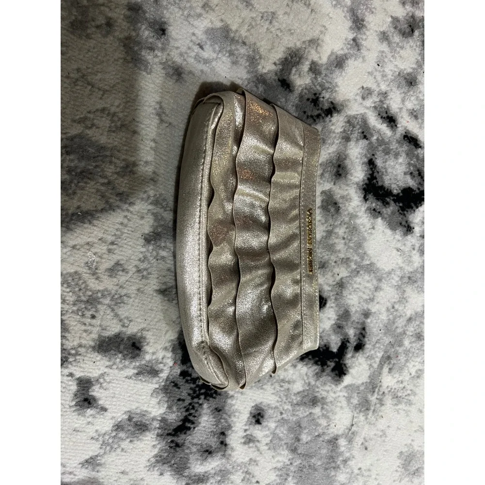 Victorias Secret Metallic Champagne Gold Ruffle Makeup‎ Bag Clutch Snap Closure